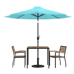5 Piece Table Set - 2 Stackable Chairs, 36" Table, Teal Umbrella, Base