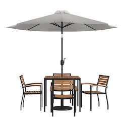 7 Piece Patio Table Set with 4 Stackable Chairs, 35" Table, Gray Umbrella, Base