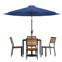 7 Piece Patio Set-4 Stacking Chairs, 35" Table, Navy Umbrella, Base