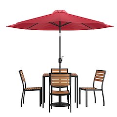 7 Piece Patio Set - 4 Stacking Chairs, 35" Table, Red Umbrella, Base