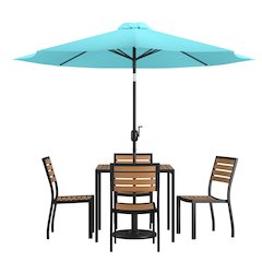 7 Piece Patio Set-4 Stacking Chairs, 35" Table, Teal Umbrella, Base
