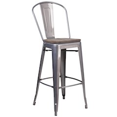 30" High Clear Coated Barstool with Back and Wood Seat