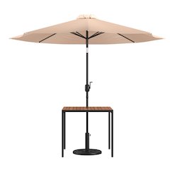 3 Piece Patio Table Set - 35" Patio Table and Tan Umbrella with Base