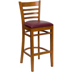 Ladder Back Cherry Wood Restaurant Barstool - Burgundy Vinyl Seat