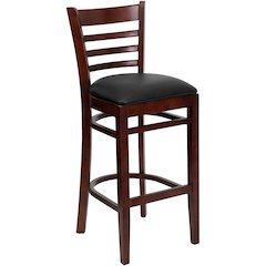 Ladder Back Mahogany Wood Restaurant Barstool - Black Vinyl Seat