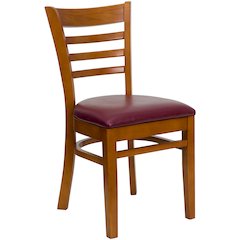 Ladder Back Cherry Wood Restaurant Chair - Burgundy Vinyl Seat
