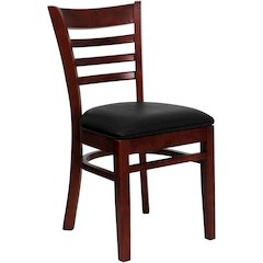 Ladder Back Mahogany Wood Restaurant Chair - Black Vinyl Seat