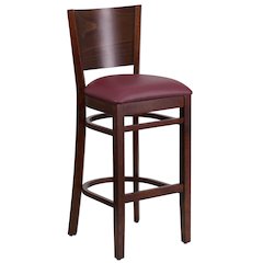 Solid Back Walnut Wood Restaurant Barstool - Burgundy Vinyl Seat