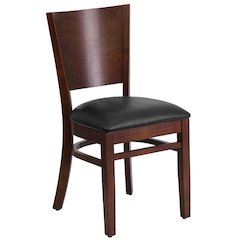 Solid Back Walnut Wood Restaurant Chair - Black Vinyl Seat