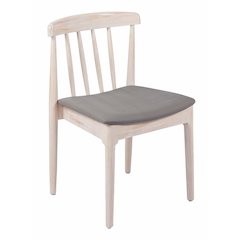 Antique White Dining Chair with Curved Spindle Backrest, Beige Vinyl Seat