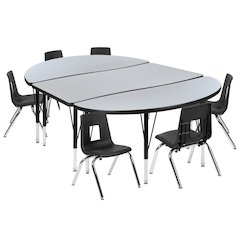 76" Oval Wave Activity Table Set with 12" Student Stack Chairs, Grey/Black