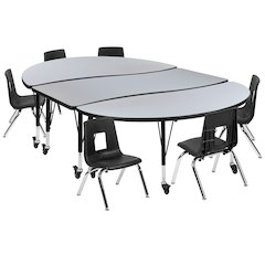 Mobile 86" Wave Activity Table Set with 12" Student Stack Chairs, Grey/Black