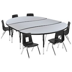 86" Oval Wave Activity Table Set with 12" Student Stack Chairs, Grey/Black