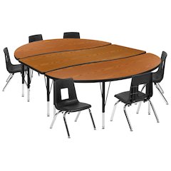 86" Oval Wave Activity Table Set with 12" Student Stack Chairs, Oak/Black