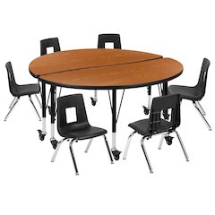 Mobile 47.5" Table Set with 12" Student Stack Chairs, Oak/Black