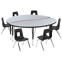 60" Circle Wave Activity Table Set with 12" Student Stack Chairs, Grey/Black