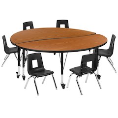 Mobile 60" Table Set with 12" Student Stack Chairs, Oak/Black