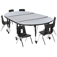 Mobile 76" Wave Activity Table Set with 14" Student Stack Chairs, Grey/Black