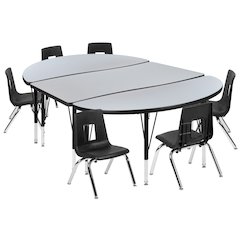 76" Oval Wave Activity Table Set with 14" Student Stack Chairs, Grey/Black