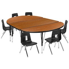 76" Oval Wave Activity Table Set with 14" Student Stack Chairs, Oak/Black