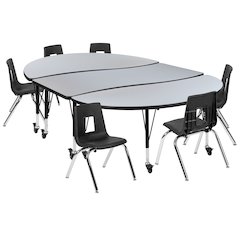 Mobile 86" Wave Activity Table Set with 14" Student Stack Chairs, Grey/Black