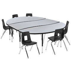 86" Oval Wave Activity Table Set with 14" Student Stack Chairs, Grey/Black