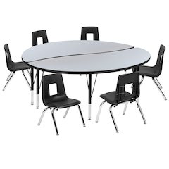 60" Circle Wave Activity Table Set with 14" Student Stack Chairs, Grey/Black