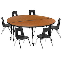 Mobile 60" Table Set with 14" Student Stack Chairs, Oak/Black
