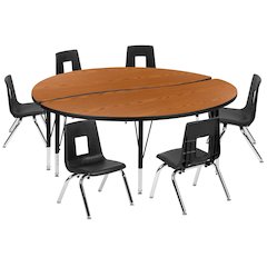 60" Circle Wave Activity Table Set with 14" Student Stack Chairs, Oak/Black