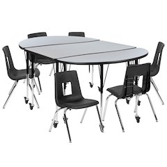 Mobile 76" Wave Activity Table Set with 16" Student Stack Chairs, Grey/Black