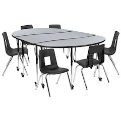 Mobile 86" Wave Activity Table Set with 16" Student Stack Chairs, Grey/Black