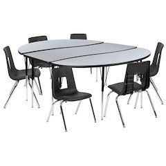 86" Oval Wave Activity Table Set with 16" Student Stack Chairs, Grey/Black