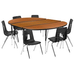 86" Oval Wave Activity Table Set with 16" Student Stack Chairs, Oak/Black