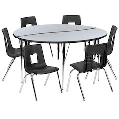 60" Circle Wave Activity Table Set with 16" Student Stack Chairs, Grey/Black
