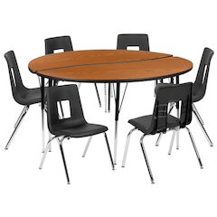 60" Circle Wave Activity Table Set with 16" Student Stack Chairs, Oak/Black