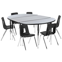 76" Oval Wave Activity Table Set with 18" Student Stack Chairs, Grey/Black