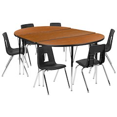 76" Oval Wave Activity Table Set with 18" Student Stack Chairs, Oak/Black