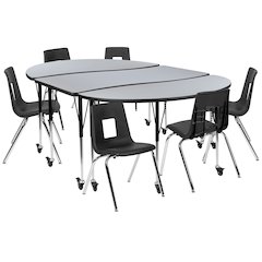 Mobile 86" Wave Activity Table Set with 18" Student Stack Chairs, Grey/Black