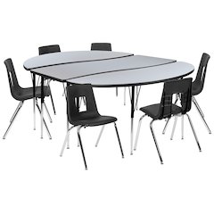 86" Oval Wave Activity Table Set with 18" Student Stack Chairs, Grey/Black