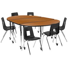 Mobile 86" Oval Wave Activity Table Set with 18" Student Stack Chairs, Oak/Black
