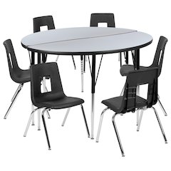 47.5" Circle Wave Activity Table Set with 18" Student Stack Chairs, Grey/Black