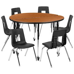 Mobile 47.5" Table Set with 18" Student Stack Chairs, Oak/Black