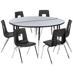 60" Circle Wave Activity Table Set with 18" Student Stack Chairs, Grey/Black