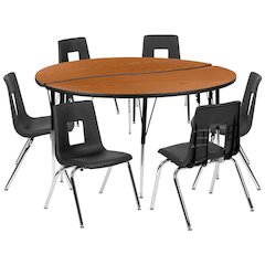 60" Circle Wave Activity Table Set with 18" Student Stack Chairs, Oak/Black