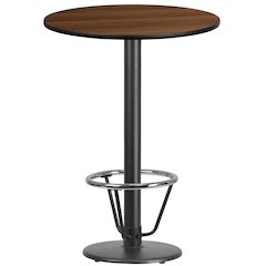 30'' Round Walnut Laminate Table Top with 18'' Round Bar Height Table Base and Foot Ring