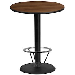 36'' Round Walnut Table Top with 24'' Round Bar Height Table Base and Foot Ring