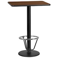 24'' x 30'' Rectangular Walnut Laminate Table Top with 18'' Round Bar Height Table Base and Foot Ring