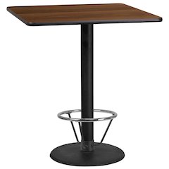 36'' Square Walnut Table Top with 24'' Round Bar Height Table Base and Foot Ring