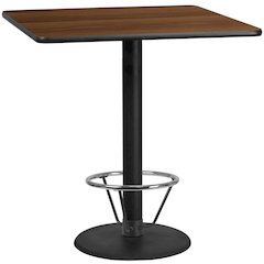 42'' Square Walnut Table Top with 24'' Round Bar Height Table Base and Foot Ring