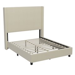 Full Upholstered Platform Bed with Channel Stitched Wingback Headboard, Beige
